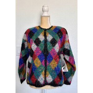 VTG Design Options Womens Mohair Fuzzy Cardigan Colorful Diamond Sweater Sz Sml